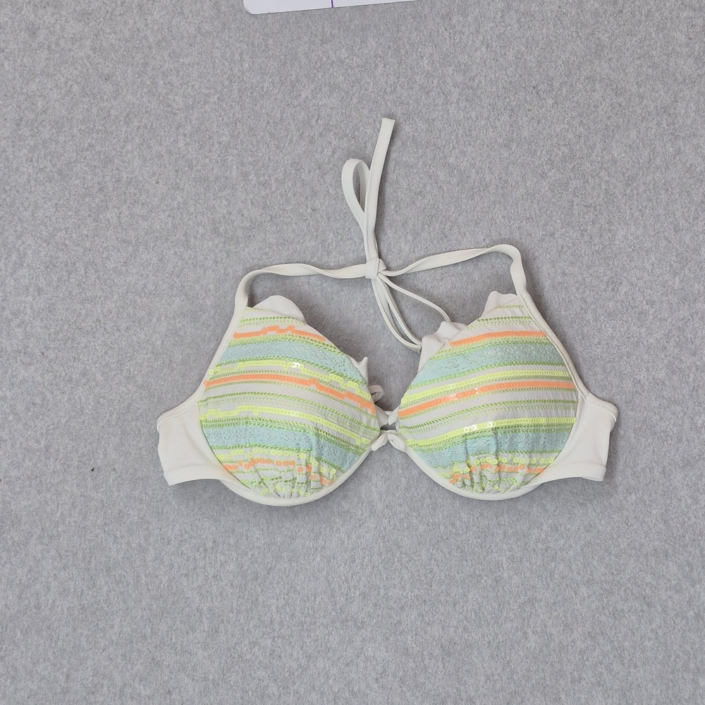 Victoria's Secret Women Swimwear 38C White Striped Halter Wireless Sequin